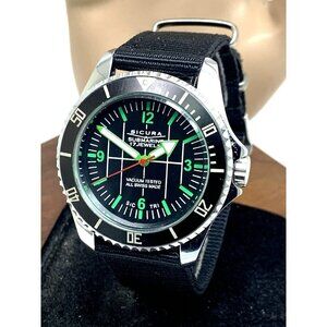 Sicura Submarine Men's Watch Vintage Swiss Manual Wind Black Dial 40mm Nylon